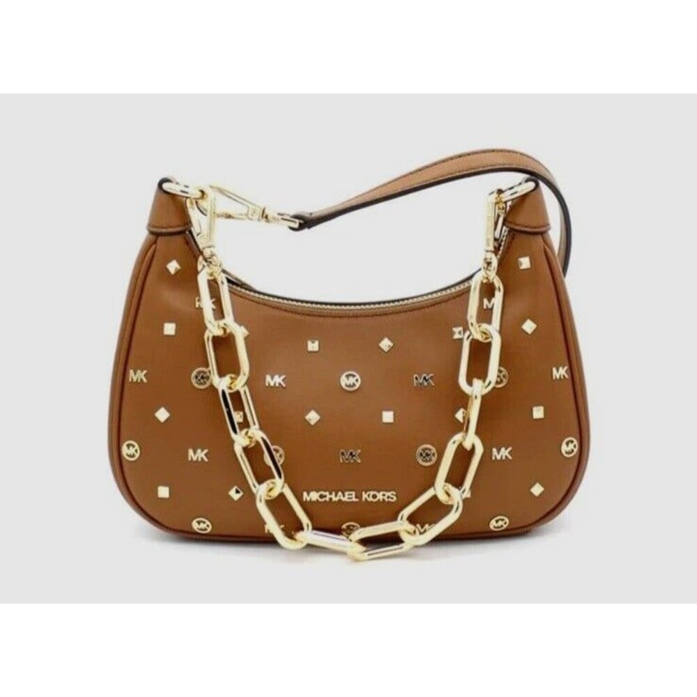 New Michael Kors Cora Shoulder Bag Medium Zip Pouchette Luggage with Studs